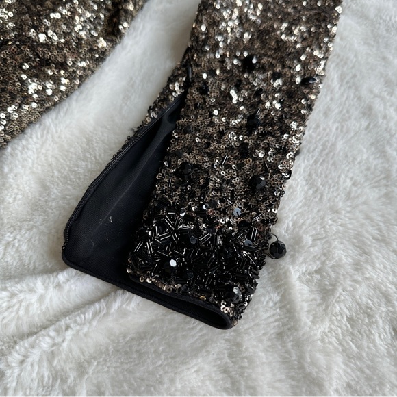 Badgley Mischka Gold Sequin V-neck Longsleeve Drape Waist Maxi Gown Dress 2 - Picture 7 of 12